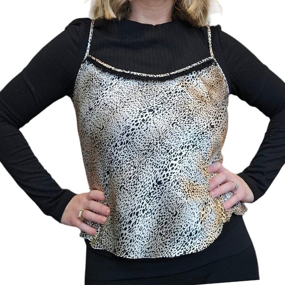 90s Medium Satin Leopard Print Cami‎ Tank Black Suede Fringe Cream Champagne - Picture 1 of 11